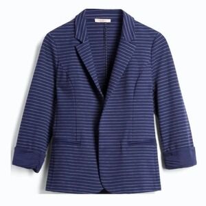 Skies Are Blue Womens Navy Blue Striped Open Front Ruched Sleeve Blazer Size S